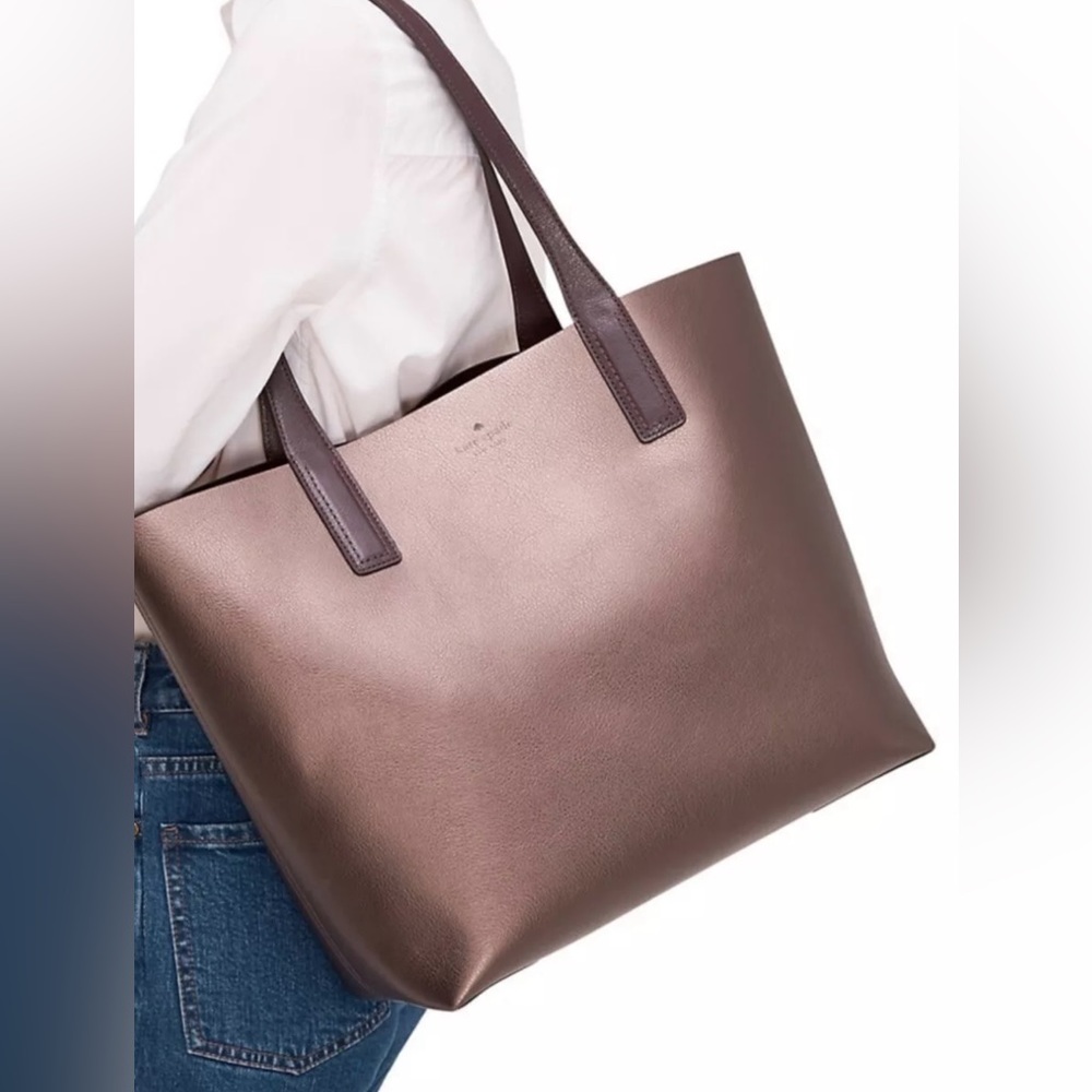 Kate Spade NY Arch Love Birds Leather Tote Bag Pebbled Reversible Metallic